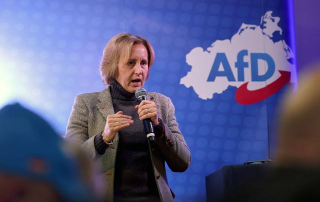18 February 2026, Mecklenburg-Vorpommern, Demmin: Beatrix von Storch, deputy chairwoman of the Alternative for Germany (AfD) parliamentary group in the Bundestag, addresses supporters at the AfD Mecklenburg-Western Pomerania Political Ash Wednesday event. Photo: Bernd Wüstneck/dpa