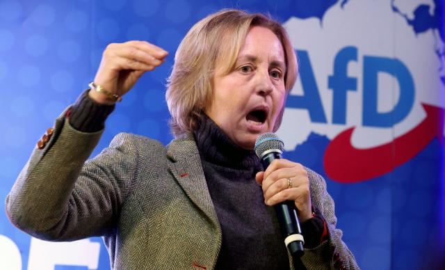 18 February 2026, Mecklenburg-Vorpommern, Demmin: Beatrix von Storch, deputy chairwoman of the Alternative for Germany (AfD) parliamentary group in the Bundestag, addresses supporters at the AfD Mecklenburg-Western Pomerania Political Ash Wednesday event. Photo: Bernd Wüstneck/dpa