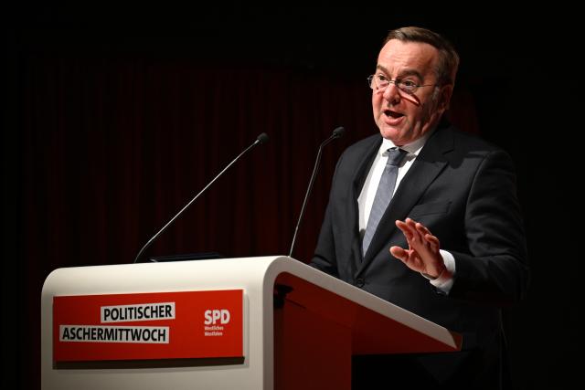 18 February 2026, North Rhine-Westphalia, Schwerte: German Minister of Defense Boris Pistorius speaks during the Social Democratic Party of Germany (SPD) Ash Wednesday political event in North Rhine-Westphalia. Photo: Federico Gambarini/dpa