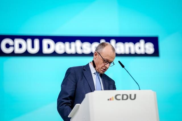 19 February 2026, Baden-Württemberg, Stuttgart: German Chancellor Friedrich Merz delivers a speech during a visit to the party conference hall of the Christian Democratic Union (CDU). The CDU top committees meet to prepare for the two-day party conference. Photo: Kay Nietfeld/dpa