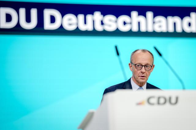 19 February 2026, Baden-Württemberg, Stuttgart: German Chancellor Friedrich Merz delivers a speech during a visit to the party conference hall of the Christian Democratic Union (CDU). The CDU top committees meet to prepare for the two-day party conference. Photo: Kay Nietfeld/dpa