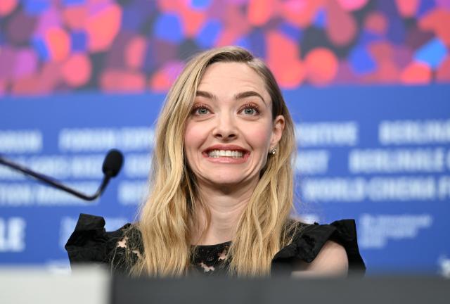 19 February 2026, Berlin: American actress Amanda Seyfried reacts during the Berlinale press conference for the film The Testament of Ann Lee during the 76th Berlin International Film Festival, held from February 12 to 22, 2026. Photo: Elisa Schu/dpa