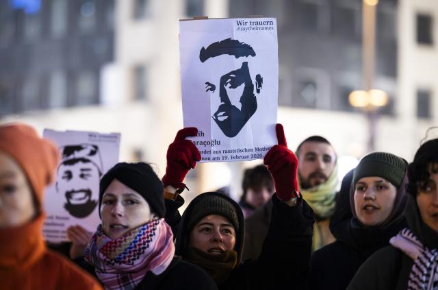 19 February 2026, Hesse, Frankfurt/Main: Demonstrators march through downtown Frankfurt under the slogan "Anti-Racism Day" on the anniversary of the racist attacks in Hanau. Photo: Boris Roessler/dpa