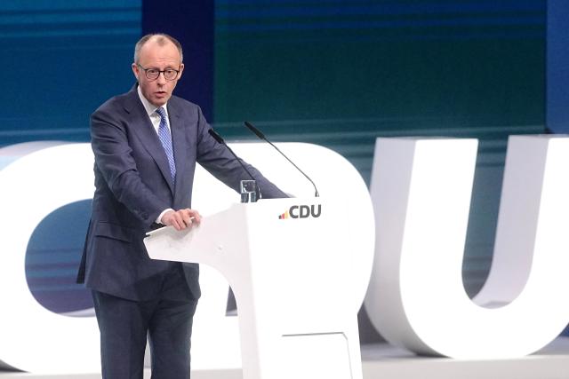 19 February 2026, Baden-Württemberg, Stuttgart: German Chancellor Friedrich Merz, CDU party chairman, speaks at the CDU federal party conference. The CDU elects its new leadership bodies. Chancellor Merz is the only candidate for the chairmanship for the third time in a row. Photo: Kay Nietfeld/dpa