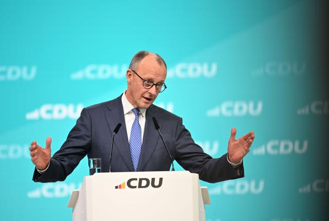 20 February 2026, Baden-Württemberg, Stuttgart: German Chancellor Friedrich Merz, resticulates during his speech at the CDU federal party conference. The CDU elects its new leadership bodies. For the third time in a row, Chancellor Friedrich Merz is the only candidate for the chairmanship. Photo: Katharina Kausche/dpa