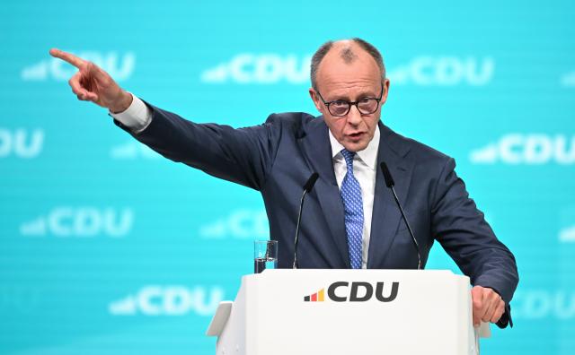20 February 2026, Baden-Württemberg, Stuttgart: German Chancellor Friedrich Merz, resticulates during his speech at the CDU federal party conference. The CDU elects its new leadership bodies. For the third time in a row, Chancellor Friedrich Merz is the only candidate for the chairmanship. Photo: Katharina Kausche/dpa