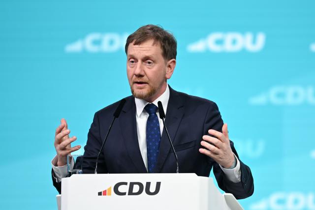 20 February 2026, Baden-Wuerttemberg, Stuttgart: Minister President of Saxony Michael Kretschmer speaks at the Christian Democratic Union of Germany (CDU) federal party conference. Photo: Katharina Kausche/dpa