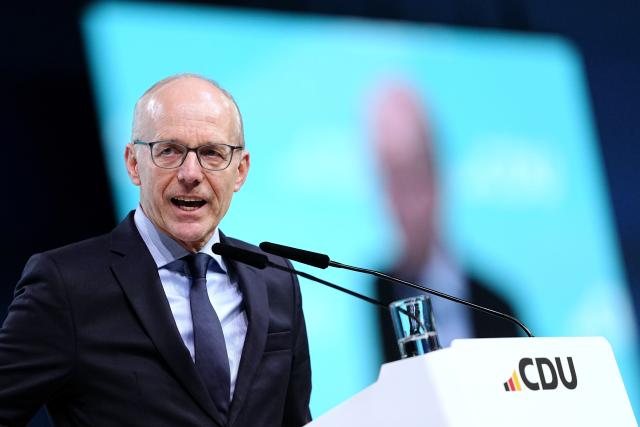 20 February 2026, Baden-Wuerttemberg, Stuttgart: Luxembourgish Prime Minister Luc Frieden gives a welcoming speech at the Christian Democratic Union of Germany (CDU) federal party conference. Photo: Kay Nietfeld/dpa