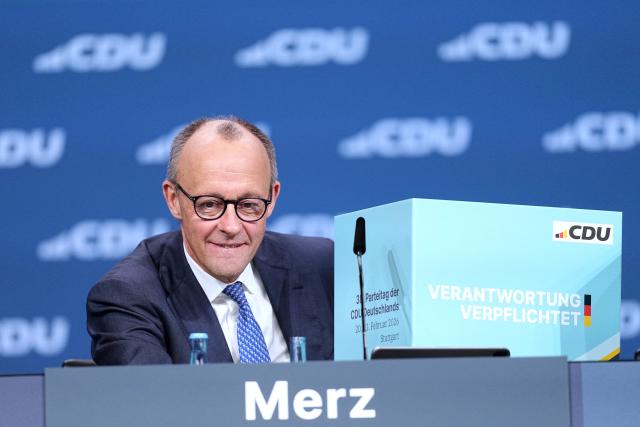 20 February 2026, Baden-Wuerttemberg, Stuttgart: German Chancellor and Christian Democratic Union of Germany (CDU) party leader Friedrich Merz takes part in the CDU federal party conference. Photo: Kay Nietfeld/dpa