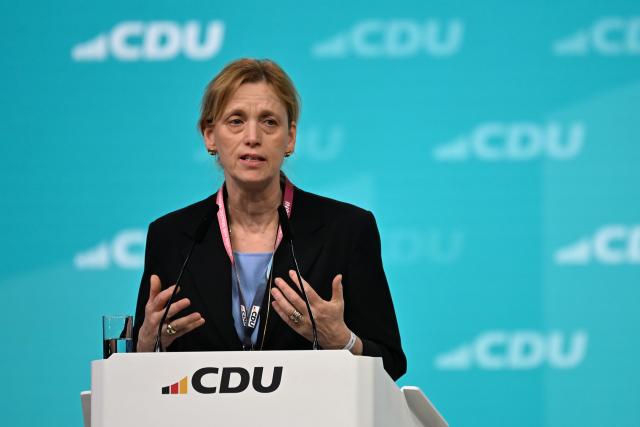 21 February 2026, Baden-Württemberg, Stuttgart: Karin Prien, German Minister of Education, Family Affairs, Senior Citizens, Women and Youth, speaks at the federal party conference. After the board elections, the second day of the party conference will focus on content. Among other things, motions on part-time work, restricting social media use for children and pension reform will be discussed. Photo: Katharina Kausche/dpa