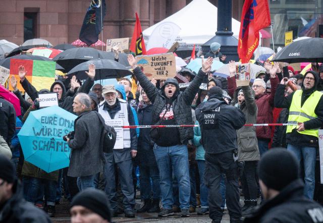 22 February 2026, North Rhine-Westphalia, Dortmund: A broad coalition protests an Alternative for Germany (AfD) meeting at City Hall. Alongside Dortmund parties such as the SPD, Greens, and Left Party, trade unions, the student council, Fridays for Future, and Grandmothers Against the Right joined the rally. The AfD faction plans a New Year's reception in the Buergerhalle this evening with up to 280 guests. Photo: Benjamin Westhoff/dpa