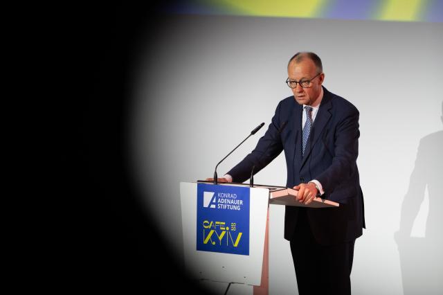 23 February 2026, Berlin: German Chancellor Friedrich Merz speaks at the opening of "Cafe Kyiv" (Kiev), an event organized by the Konrad Adenauer Foundation and attended by political, academic and cultural figures. Photo: Markus Lenhardt/dpa