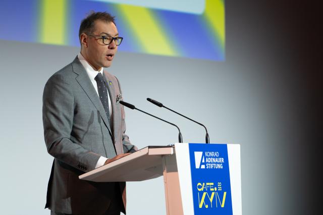 23 February 2026, Berlin: Oleksii Makeiev, Ambassador of Ukraine to Germany, speaks at the opening of "Cafe Kyiv" (Kiev), an event organized by the Konrad Adenauer Foundation and attended by political, academic and cultural figures. Photo: Markus Lenhardt/dpa