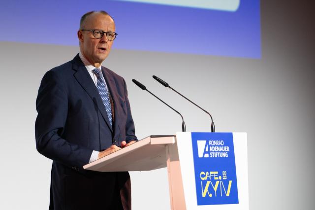23 February 2026, Berlin: German Chancellor Friedrich Merz speaks at the opening of "Cafe Kyiv" (Kiev), an event organized by the Konrad Adenauer Foundation and attended by political, academic and cultural figures. Photo: Markus Lenhardt/dpa
