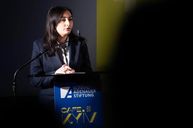 23 February 2026, Berlin: Reem Alabali Radovan, German Minister for Economic Cooperation and Development, speaks at the opening of "Cafe Kyiv" (Kiev), an event organized by the Konrad Adenauer Foundation and attended by political, academic and cultural figures. Photo: Markus Lenhardt/dpa