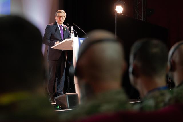 23 February 2026, Berlin: German Foreign Minister Johann Wadephul speaks at "Cafe Kyiv", an event organized by the Konrad Adenauer Foundation and attended by political, academic and cultural figures. Photo: Markus Lenhardt/dpa