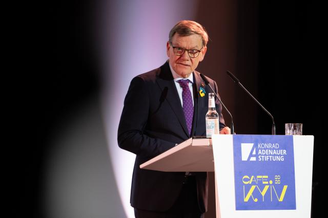 23 February 2026, Berlin: German Foreign Minister Johann Wadephul speaks at "Cafe Kyiv", an event organized by the Konrad Adenauer Foundation and attended by political, academic and cultural figures. Photo: Markus Lenhardt/dpa