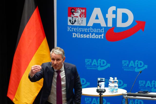 23 February 2026, North Rhine-Westphalia, Duesseldorf: Bjoern Hoecke, leader of the Thuringian Alternative for Germany (AfD), speaks at an AfD event in Duesseldorf-Garath. Photo: Henning Kaiser/dpa