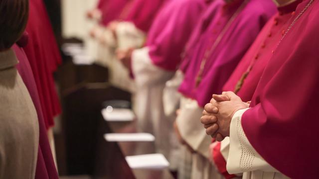 23 February 2026, Bavaria, Würzburg: Bishops fold their hands during the opening service of the spring plenary assembly of the German Bishops' Conference in St. Kilian's Cathedral. Photo: Daniel Löb/dpa