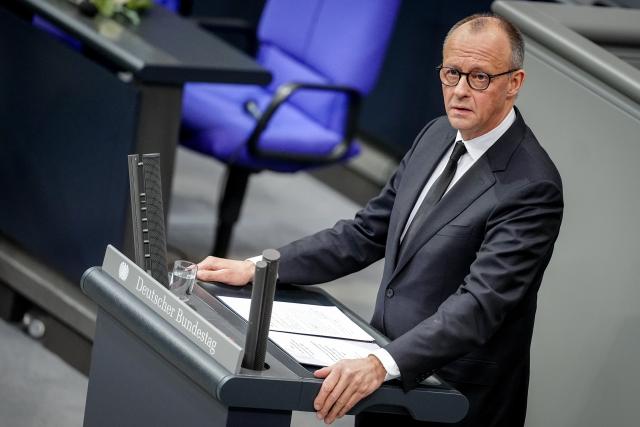 24 February 2026, Berlin: German Chancellor Friedrich Merz speaks at the funeral service for the late former Federal Minister for Family Affairs and long-time Bundestag President Rita Suessmuth (CDU) at the German Bundestag. Photo: Kay Nietfeld/dpa
