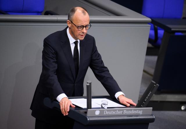 24 February 2026, Berlin: German Chancellor Friedrich Merz speaks at the funeral service for the late former German Minister for Family Affairs and long-time Bundestag President Rita Suessmuth (CDU) at the German Bundestag. Photo: Bernd von Jutrczenka/dpa