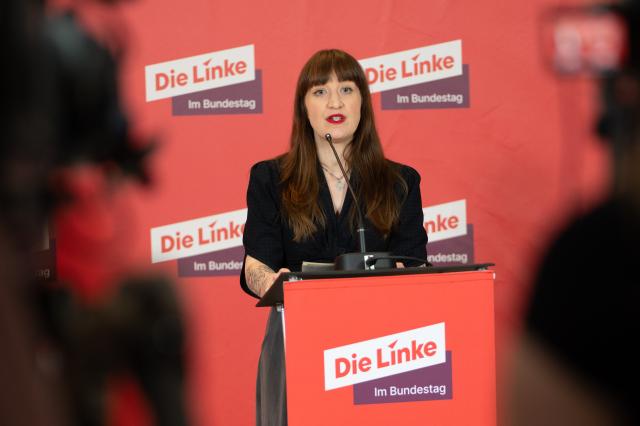 24 February 2026, Berlin: Parliamentary group leader of The Left Party Heidi Reichinnek make a statement before the meeting of the Bundestag parliamentary group. Photo: Markus Lenhardt/dpa