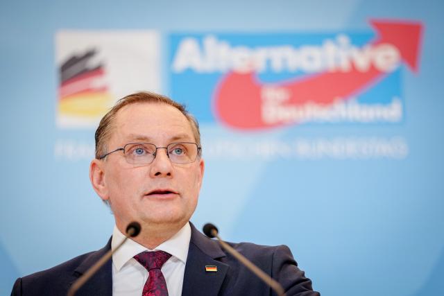 24 February 2026, Berlin: Tino Chrupalla, Alternative for Germany (AfD) federal and parliamentary group leader, makes a press statement at the beginning of the AfD parliamentary group meeting. Photo: Kay Nietfeld/dpa