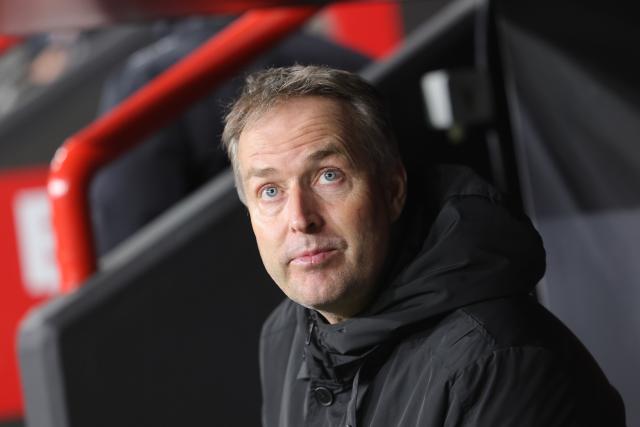 24 February 2026, North Rhine-Westphalia, Leverkusen: Bayer Leverkusen coach Kasper Hjulmand sits in the stands ahead of the UEFA Champions League knockout phase play offs, second leg soccer match between Bayer Leverkusen and Olympiacos Piraeus at BayArena. Photo: Rolf Vennenbernd/dpa