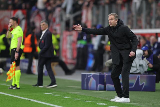 24 February 2026, North Rhine-Westphalia, Leverkusen: Bayer Leverkusen coach Kasper Hjulmand gives reacts from the touchline during the UEFA Champions League knockout phase play offs, second leg soccer match between Bayer Leverkusen and Olympiacos Piraeus at BayArena. Photo: Rolf Vennenbernd/dpa