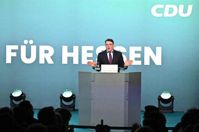 27 February 2026, Hesse, Volkmarsen: Boris Rhein, Minister President of Hesse and State Chairman of the CDU Hesse, speaks at an election campaign event in the Nordhessenhalle. Photo: Swen Pförtner/dpa