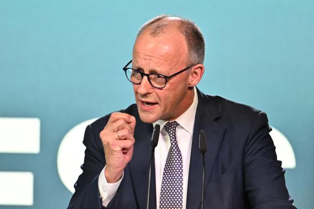 27 February 2026, Hesse, Volkmarsen: Germany's Chancellor Friedrich Merz speaks at an election campaign event in the Nordhessenhalle, marking the start of the CDU federal chairman's final push in the local election campaign ahead of the March 15, 2026, vote in Hesse. Photo: Swen Pförtner/dpa