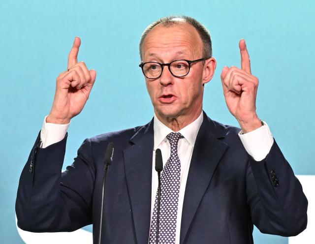 27 February 2026, Hesse, Volkmarsen: Germany's Chancellor Friedrich Merz speaks at an election campaign event in the Nordhessenhalle, marking the start of the CDU federal chairman's final push in the local election campaign ahead of the March 15, 2026, vote in Hesse. Photo: Swen Pförtner/dpa