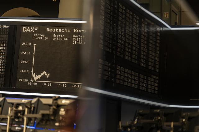 02 March 2026, Hesse, Frankfurt/Main: The German share index (DAX) can be seen on a large display in the trading room at the stock exchange. The attacks in the Middle East are causing shifts on the financial market. Photo: Andreas Arnold/dpa