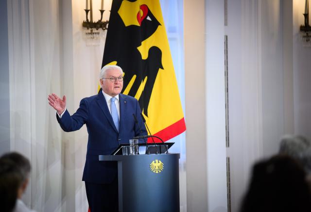 03 March 2026, Berlin: German President Frank-Walter Steinmeier speaks at the Democracy Forum for Local Politics entitled "Making the future possible" at Bellevue Palace. Steinmeier has invited around 100 honorary mayors from all over Germany to his official residence to share their experiences. Photo: Bernd von Jutrczenka/dpa