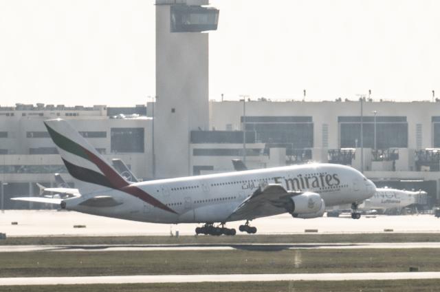 03 March 2026, Hesse, Frankfurt/M.: An Emirates Airbus A-380 lands at the airport after its flight from Dubai. Tens of thousands of tourists remain stranded in the Gulf states following the outbreak of war in Iran. Photo: Boris Roessler/dpa