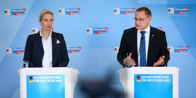 03 March 2026, Berlin: Chairmen of the Alternative for Germany (AfD) parliamentary group Tino Chrupalla (R) and Alice Weidel speak before the start of the AfD parliamentary group meeting in the German Bundestag. Photo: Bernd von Jutrczenka/dpa