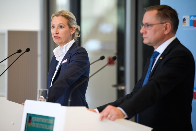 03 March 2026, Berlin: Chairmen of the Alternative for Germany (AfD) parliamentary group Tino Chrupalla (R) and Alice Weidel speak before the start of the AfD parliamentary group meeting in the German Bundestag. Photo: Bernd von Jutrczenka/dpa