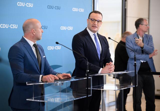 03 March 2026, Berlin: Jens Spahn, Christian Democratic Union of Germany (CDU)/ and the Christian Social Union in Bavaria (CSU) parliamentary group leader, and chairman of the CSU regional group in the Union faction Alexander Hoffmann (L) speak before the start of the CDU/CSU faction meeting in the German Bundestag. Photo: Bernd von Jutrczenka/dpa