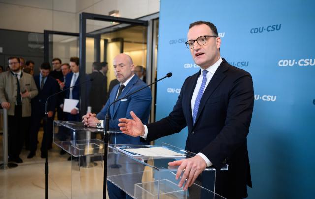 03 March 2026, Berlin: Jens Spahn, Christian Democratic Union of Germany (CDU)/ and the Christian Social Union in Bavaria (CSU) parliamentary group leader, and chairman of the CSU regional group in the Union faction Alexander Hoffmann (L) speak before the start of the CDU/CSU faction meeting in the German Bundestag. Photo: Bernd von Jutrczenka/dpa