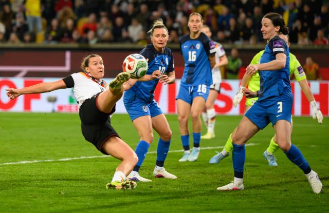 03 March 2026, Saxony, Dresden: Germany's Larissa Muehlhaus scores her side's fourth goal during the 2027 FIFA Women's World Cup qualifier League A, Group D, soccer match between Germany and Slovenia at the Rudolf-Harbig-Stadion Photo: Robert Michael/dpa