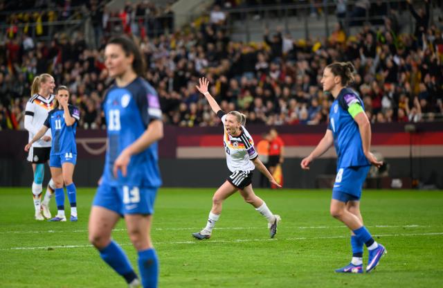 03 March 2026, Saxony, Dresden: Germany's Elisa Senss celebrates scoring her side's second goal during the 2027 FIFA Women's World Cup qualifier League A, Group D, soccer match between Germany and Slovenia at the Rudolf-Harbig-Stadion Photo: Robert Michael/dpa