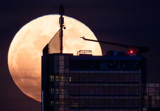 03 March 2026, Hesse, Frankfurt/Main: The full moon rises over Offenbach. Photo: Boris Roessler/dpa