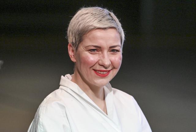 FILED - 03 March 2026, Berlin: Belarusian opposition activist and flutist Maria Kalesnikava at a press conference at Radialsystem. Photo: Jens Kalaene/dpa