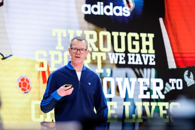 04 March 2026, Bavaria, Herzogenaurach: Harm Ohlmeyer, Chief Financial Officer of sporting goods manufacturer Adidas AG, addresses the audience during the company's annual results press conference. Photo: Daniel Karmann/dpa