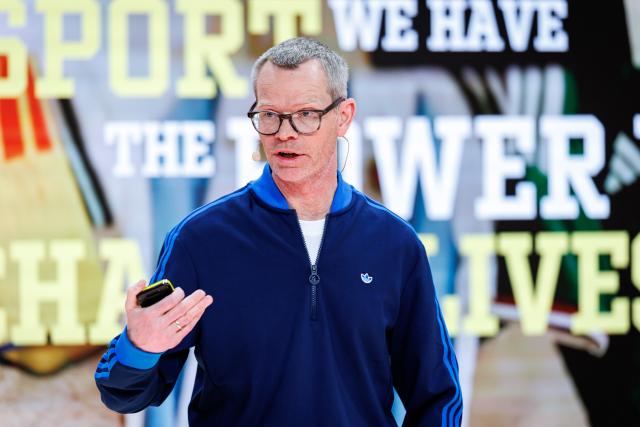 04 March 2026, Bavaria, Herzogenaurach: Harm Ohlmeyer, Chief Financial Officer of sporting goods manufacturer Adidas AG, addresses the audience during the company's annual results press conference. Photo: Daniel Karmann/dpa