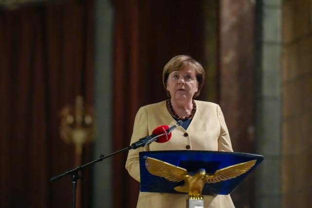 04 March 2026, Rhineland-Palatinate, Glees: Former German Chancellor Angela Merkel delivers a speech during the 3rd Lenten Sermon 2026 in the Maria Laach Abbey Monastery. Photo: Thomas Frey/dpa