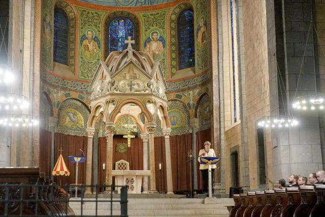 04 March 2026, Rhineland-Palatinate, Glees: Former German Chancellor Angela Merkel delivers a speech during the 3rd Lenten Sermon 2026 in the Maria Laach Abbey Monastery. Photo: Thomas Frey/dpa