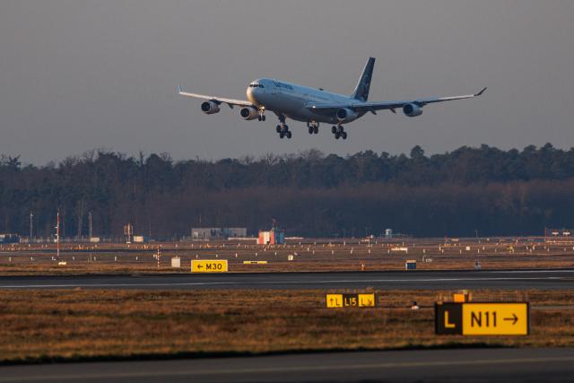 05 March 2026, Hesse, Frankfurt/Main: A Lufthansa plane from Muscat lands at Frankfurt Airport. The first evacuation flight on behalf of the German government landed at Frankfurt Airport early on Thursday morning. Photo: Hannes P. Albert/dpa