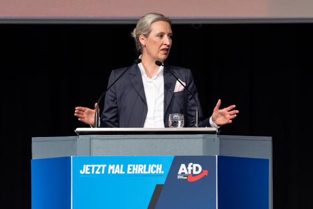 05 March 2026, Baden-Württemberg, Rottweil: Alice Weidel, Chairwoman of the Alternative for Germany (AfD) parliamentary group speaks during the AfD Baden-Wuerttemberg election campaign closing at the Rottweil town hall. Photo: Silas Stein/dpa