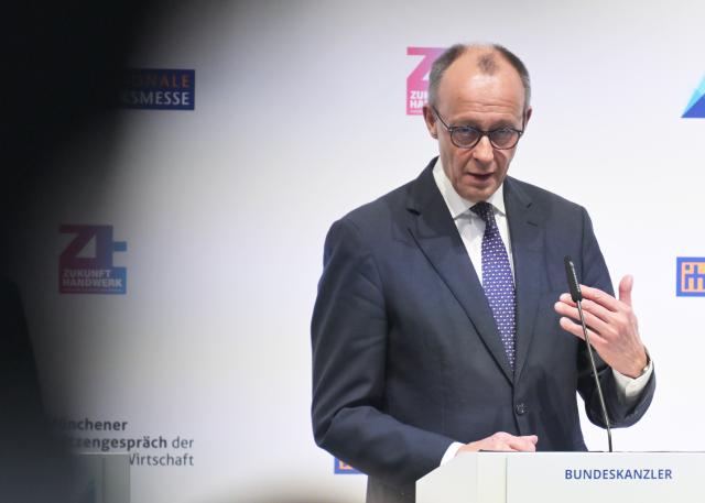 06 March 2026, Bavaria, Munich: German Chancellor Friedrich Merz speaks at the top-level meeting of German industry at the International Skilled Crafts Fair. Photo: Malin Wunderlich/dpa
